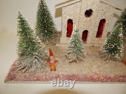 Vintage Christmas Cardboard Mica Putz Large Church Bottlebrush Trees Display