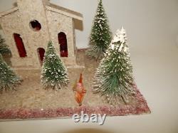 Vintage Christmas Cardboard Mica Putz Large Church Bottlebrush Trees Display