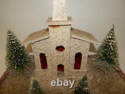 Vintage Christmas Cardboard Mica Putz Large Church Bottlebrush Trees Display