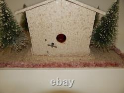 Vintage Christmas Cardboard Mica Putz Large Church Bottlebrush Trees Display