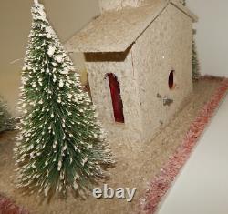Vintage Christmas Cardboard Mica Putz Large Church Bottlebrush Trees Display