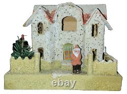 Vintage! Christmas Large Coconut Putz House Santa Figure & Blue Glitter Stucco