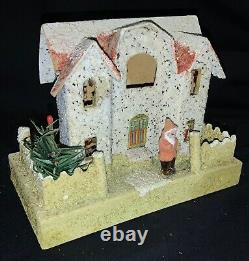 Vintage! Christmas Large Coconut Putz House Santa Figure & Blue Glitter Stucco