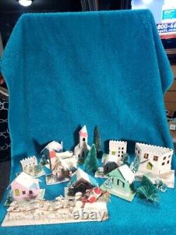 Vintage Putz Christmas Village Cardboard Mica Glitter Houses Japan with Santa