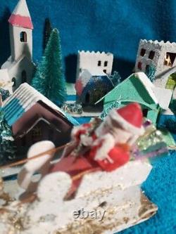 Vintage Putz Christmas Village Cardboard Mica Glitter Houses Japan with Santa