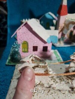 Vintage Putz Christmas Village Cardboard Mica Glitter Houses Japan with Santa
