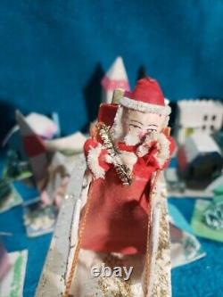 Vintage Putz Christmas Village Cardboard Mica Glitter Houses Japan with Santa