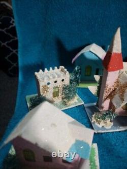 Vintage Putz Christmas Village Cardboard Mica Glitter Houses Japan with Santa