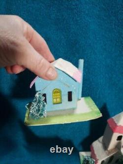 Vintage Putz Christmas Village Cardboard Mica Glitter Houses Japan with Santa