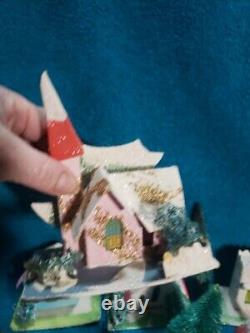 Vintage Putz Christmas Village Cardboard Mica Glitter Houses Japan with Santa