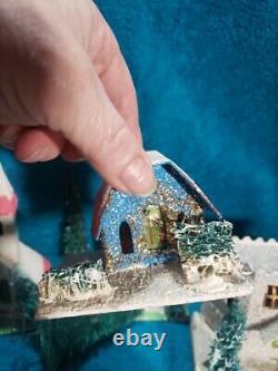 Vintage Putz Christmas Village Cardboard Mica Glitter Houses Japan with Santa