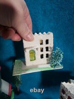Vintage Putz Christmas Village Cardboard Mica Glitter Houses Japan with Santa