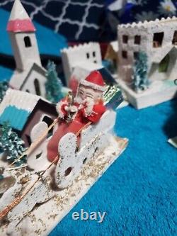 Vintage Putz Christmas Village Cardboard Mica Glitter Houses Japan with Santa