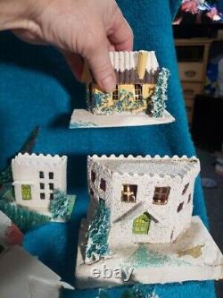 Vintage Putz Christmas Village Cardboard Mica Glitter Houses Japan with Santa