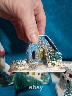 Vintage Putz Christmas Village Cardboard Mica Glitter Houses Japan with Santa