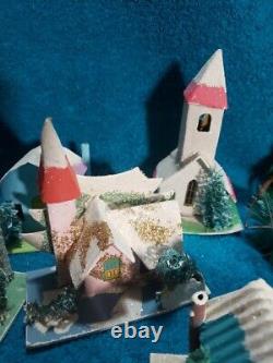 Vintage Putz Christmas Village Cardboard Mica Glitter Houses Japan with Santa
