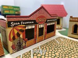 Vintage Tiny Town Cardboard 12 Building Set With Street Rare