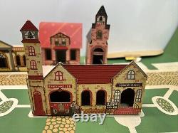 Vintage Tiny Town Cardboard 12 Building Set With Street Rare