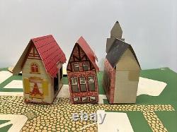 Vintage Tiny Town Cardboard 12 Building Set With Street Rare