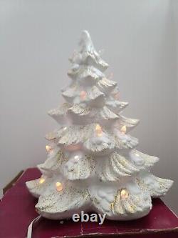 Vintage Trim A Home White Gold Glitter Illuminated Porcelain Christmas Tree 13