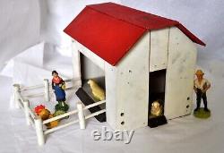 Vtg Antique 1920 Germany Xmas Erzgebirge Putz Village Farm Scene Barn, 5 Figures