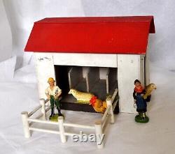 Vtg Antique 1920 Germany Xmas Erzgebirge Putz Village Farm Scene Barn, 5 Figures