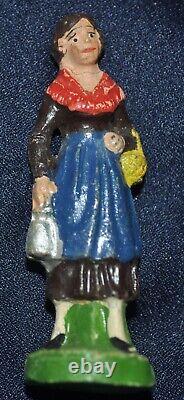 Vtg Antique 1920 Germany Xmas Erzgebirge Putz Village Farm Scene Barn, 5 Figures