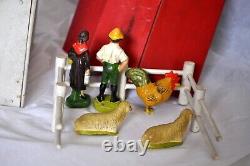 Vtg Antique 1920 Germany Xmas Erzgebirge Putz Village Farm Scene Barn, 5 Figures