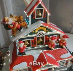 Vtg Holiday Decor Santa Fiber Optic Xmas House Elfs Elves Musical Village RARE