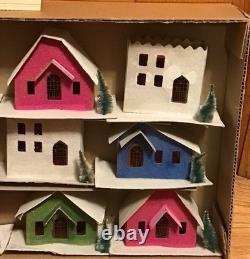 Vtg Sears 12 Piece Lighted Village Set Putz House Church Christmas Japan Mint
