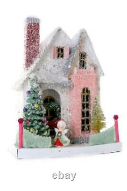 White Pink Mint Green Snowy Christmas Angel Village House